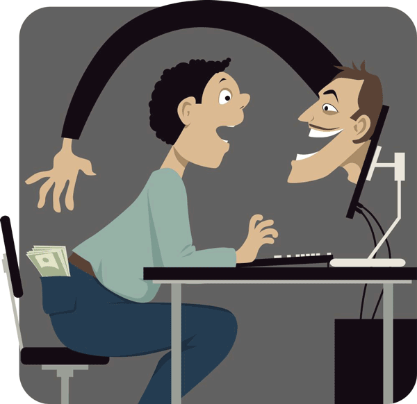 Comic: Ein Online-Anbieter greift aus dem Bildschirm heraus direkt in Richtung der Hosentasche eines Users, aus der das Geld heraus schaut.