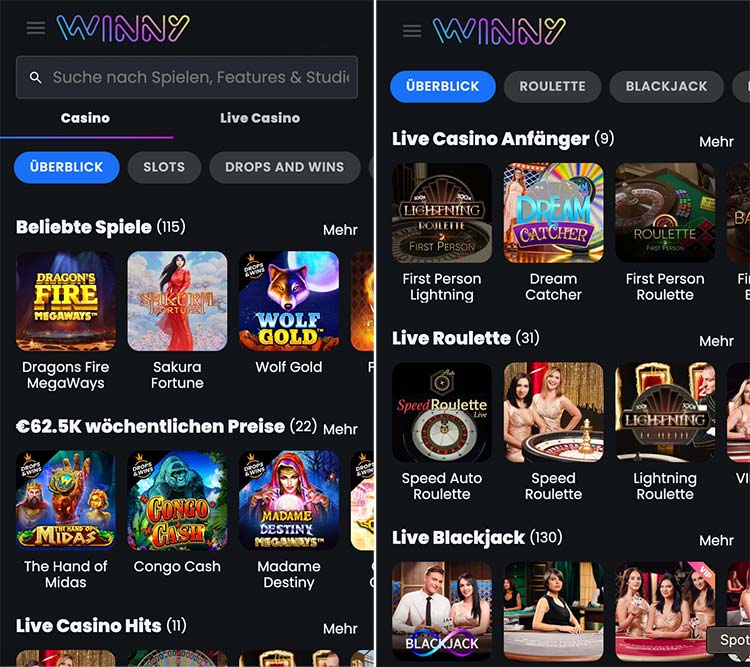 Mobile Winny Casino Screenshot