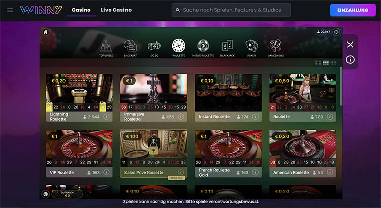 Winny Casino Live Lobby von Evolution Gaming 2
