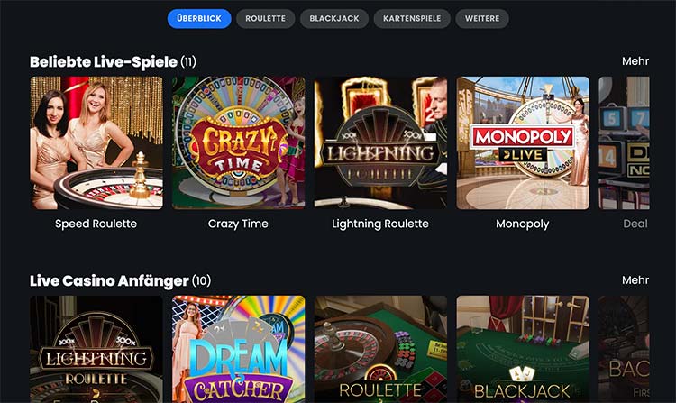 Winny Casino Live Lobby von Evolution Gaming