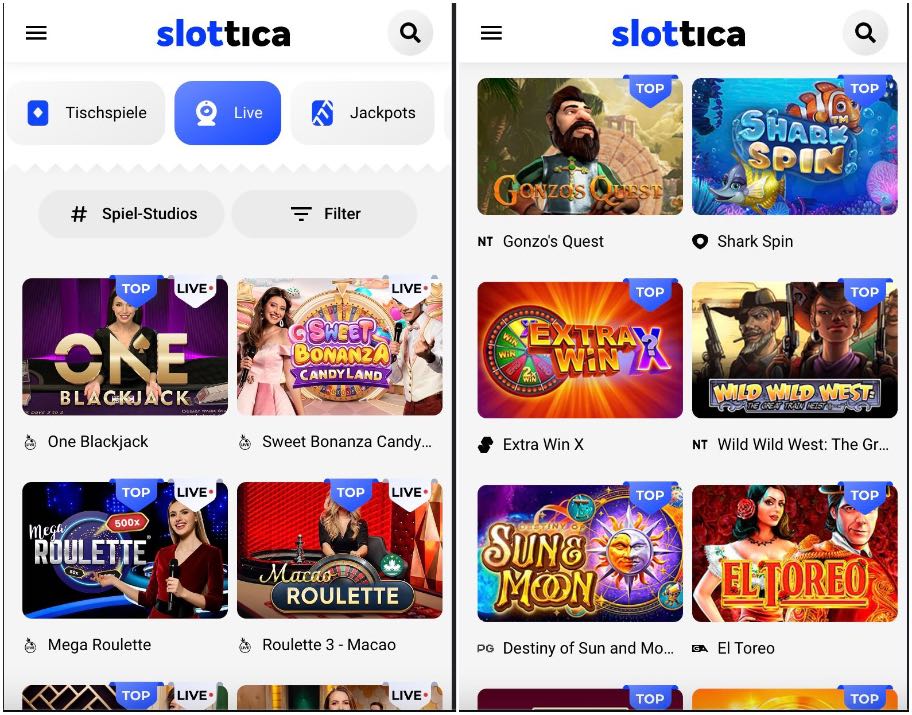 mobile Web App Slottica Casino