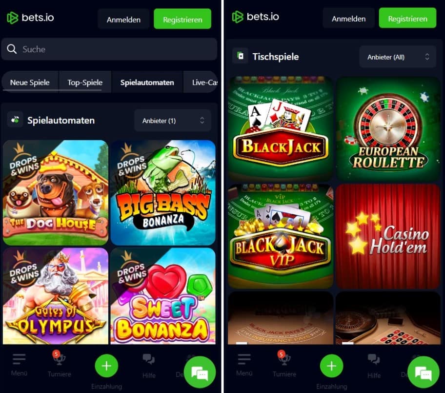 Bets.io Casino Web App Ansicht